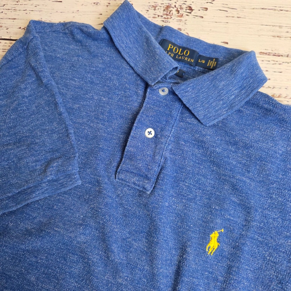 Polo Ralph Lauren Mens Custom Fit Blue Heather Polo Shirt Yellow Pony Large